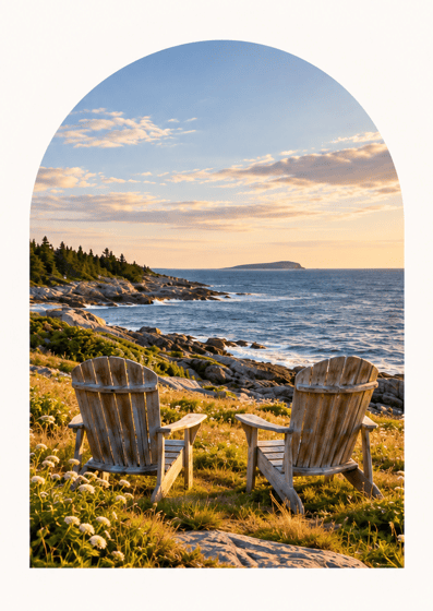 Two wooden Adirondack chairs overlooking a rocky Atlantic coastline.