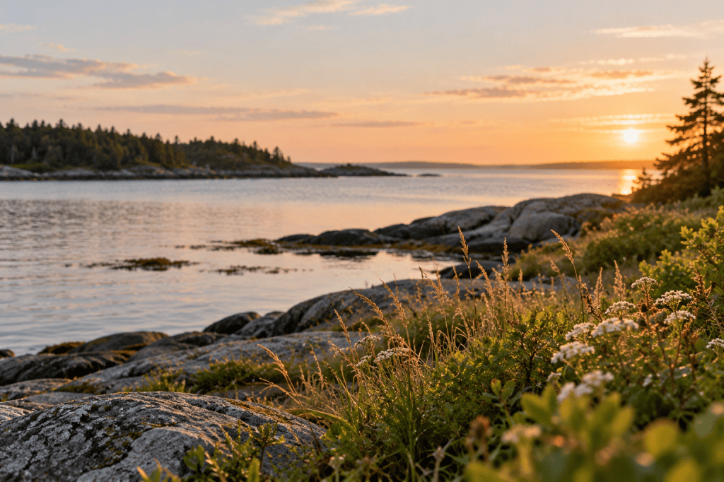 Rocky Nova Scotia coastline with wild greenery at sunset